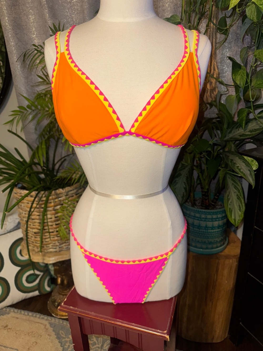 Colorblock Orange & Hot Pink Triangle Bikini